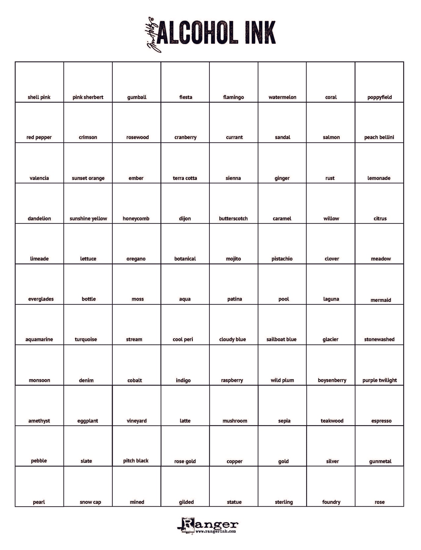 Ranger Alcohol Ink Swatch Sheet Sparkle Sloth