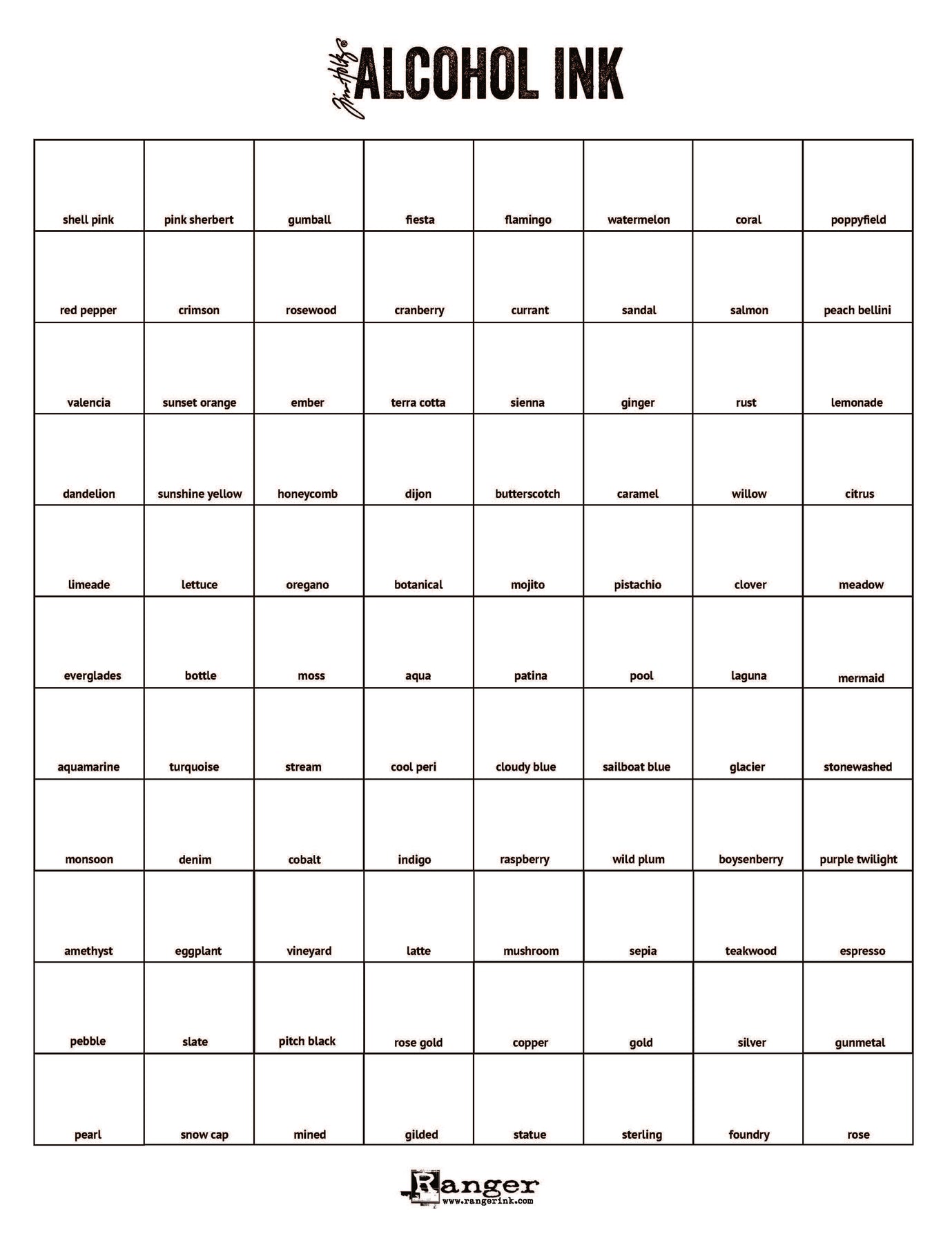 Ranger Alcohol Ink Swatch Sheet β Sparkle Sloth